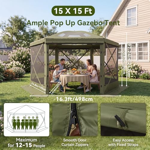15x15ft Pop-Up Canopy Tent with Removable Top, Screen Gazebo, Green in 15x15ft in Green, alternate view 5