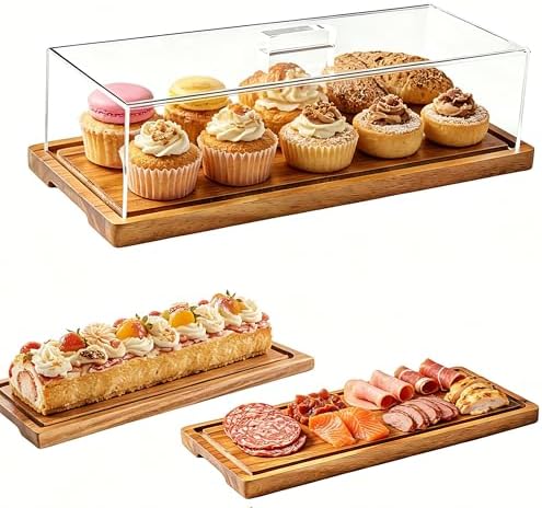 15x6'' Rectangular Acacia Wood Cake Stand With Acrylic Lid Serving Platter in 15*6''