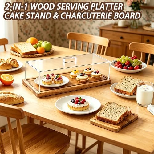 15x6'' Rectangular Acacia Wood Cake Stand With Acrylic Lid Serving Platter in 15*6'', alternate view 3