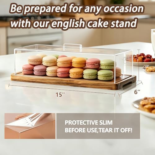 15x6'' Rectangular Acacia Wood Cake Stand With Acrylic Lid Serving Platter in 15*6'', alternate view 4