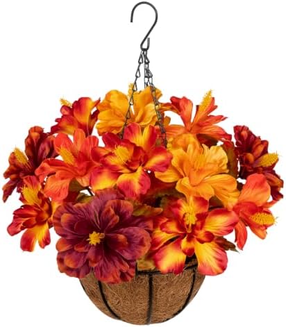 16.9" Artificial Hanging Basket with Flowers, Fake Autumn Hibiscus Silk Floral Arrangement with Hook, Faux