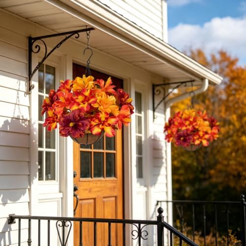 16.9" Artificial Hanging Basket with Flowers, Fake Autumn Hibiscus Silk Floral Arrangement with Hook, Faux, alternate view 2