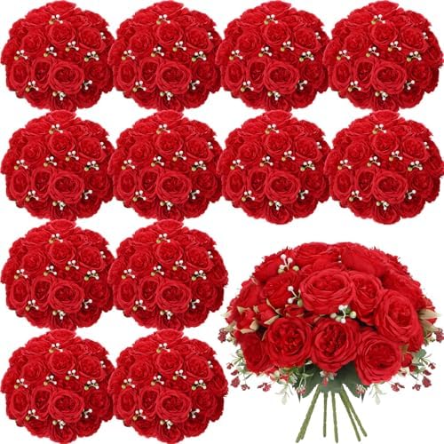 16 Bundles Artificial Peonies Flowers, Bright Red in Bright Red
