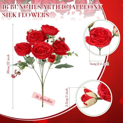 16 Bundles Artificial Peonies Flowers, Bright Red in Bright Red, alternate view 2