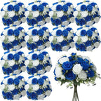 16 Bundles Artificial Peonies Flowers, Royal Blue, White in Royal Blue, White