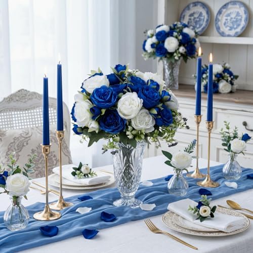 16 Bundles Artificial Peonies Flowers, Royal Blue, White in Royal Blue, White, alternate view 4