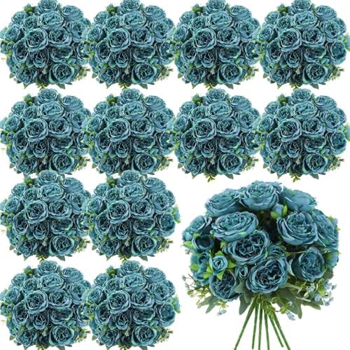 16 Bundles Artificial Peonies Flowers, Teal in Teal