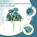 16 Bundles Artificial Peonies Flowers, Teal in Teal, alternate view 2