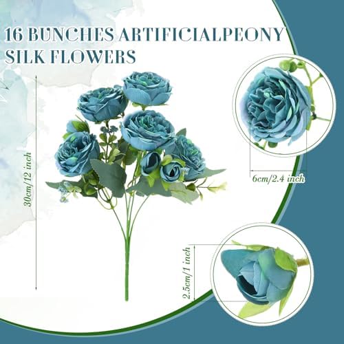 16 Bundles Artificial Peonies Flowers, Teal in Teal, alternate view 2