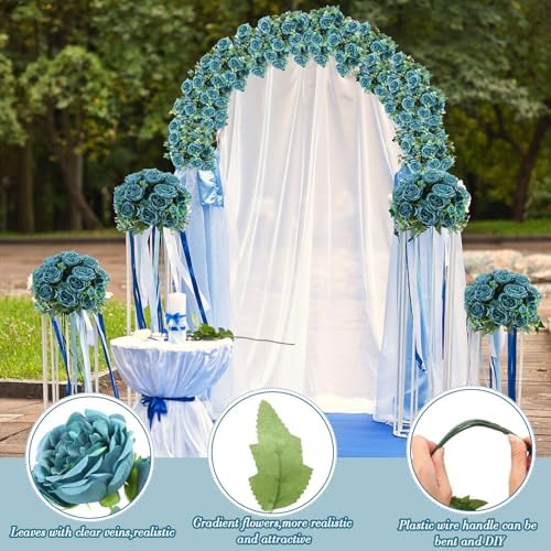16 Bundles Artificial Peonies Flowers, Teal in Teal, alternate view 3