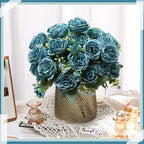 16 Bundles Artificial Peonies Flowers, Teal in Teal, alternate view 4
