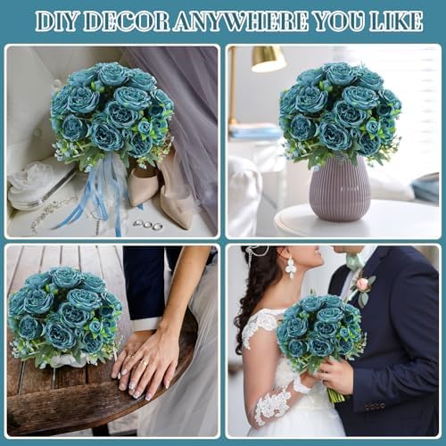 16 Bundles Artificial Peonies Flowers, Teal in Teal, alternate view 6