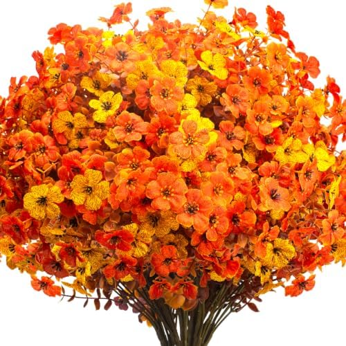 16 Bundles UV Resistant Artificial Fall Flowers Faux Mums for Outdoors in Yellow Orange