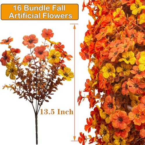 16 Bundles UV Resistant Artificial Fall Flowers Faux Mums for Outdoors in Yellow Orange, alternate view 2