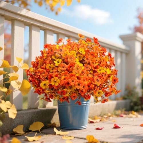 16 Bundles UV Resistant Artificial Fall Flowers Faux Mums for Outdoors in Yellow Orange, alternate view 5