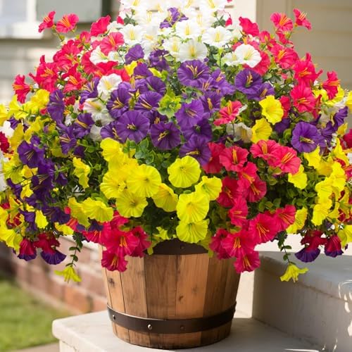 16 Bundles UV Resistant Artificial Morning Glory Flowers - Faux Silk Plastic Fake Flowers with Green Foliage for