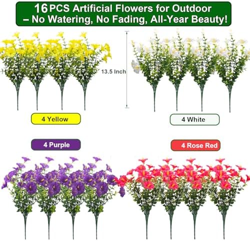 16 Bundles UV Resistant Artificial Morning Glory Flowers - Faux Silk Plastic Fake Flowers with Green Foliage for, alternate