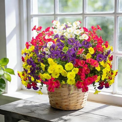16 Bundles UV Resistant Artificial Morning Glory Flowers - Faux Silk Plastic Fake Flowers with Green Foliage for, alternate