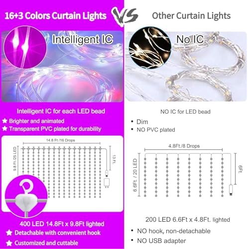 16 Colors Changing Curtain Lights - 400 LED 14.8 X 9.8 FT Fairy String, 7 Modes Twinkle with Remote, Backdrop, alternate view
