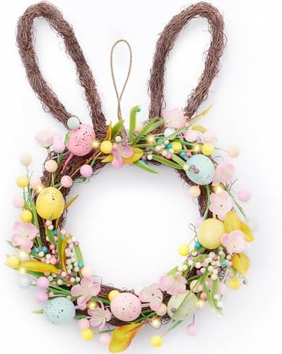 16'' Easter Bunny Wreath for Front Door with Light, Pre-lit Spring Rabbit Wreath Decoration with Pastel Speckled
