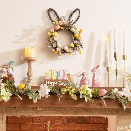 16'' Easter Bunny Wreath for Front Door with Light, Pre-lit Spring Rabbit Wreath Decoration with Pastel Speckled, alternate