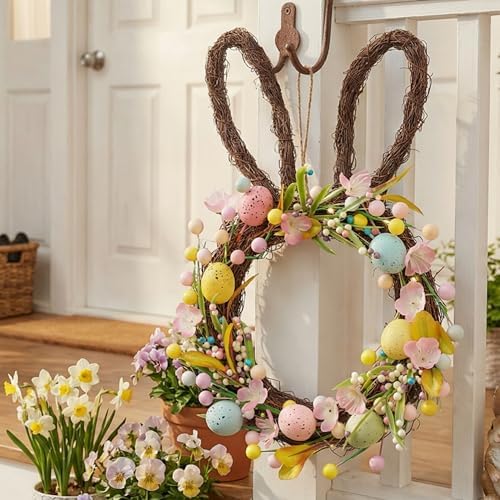 16'' Easter Bunny Wreath for Front Door with Light, Pre-lit Spring Rabbit Wreath Decoration with Pastel Speckled, alternate