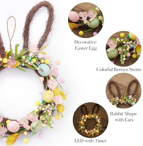 16'' Easter Bunny Wreath for Front Door with Light, Pre-lit Spring Rabbit Wreath Decoration with Pastel Speckled, alternate