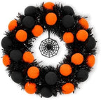 16" Halloween Wreath for Front Door with Pompoms & Spider Net