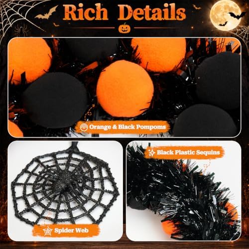 16" Halloween Wreath for Front Door with Pompoms & Spider Net, alternate view 3
