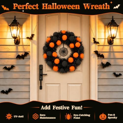 16" Halloween Wreath for Front Door with Pompoms & Spider Net, alternate view 5