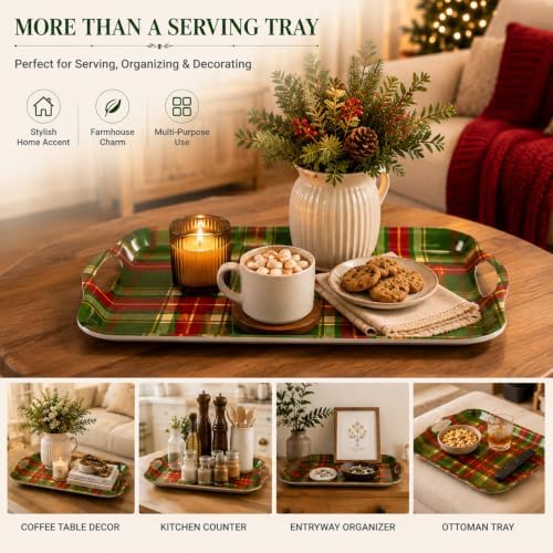 16 Inch Christmas Tartan Plaid Serving Tray, Large Melamine Serving Platter for Food, Rectangular Decorative, alternate view