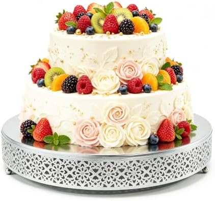16 Inch Large Cake Silver tand, Hollow Floral Pattern Round Metal Dessert Stand, Elevated Display Tray for