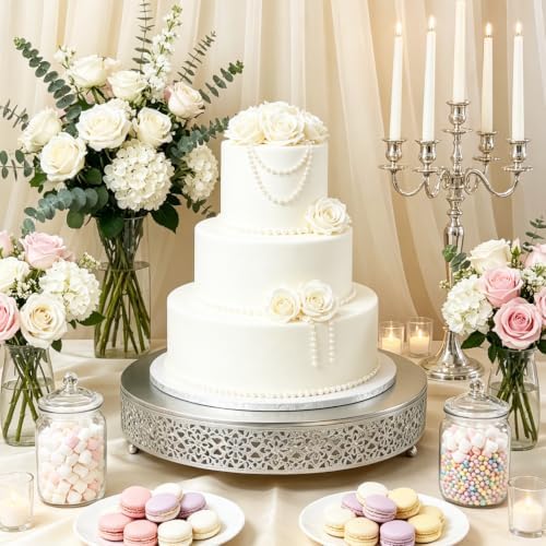 16 Inch Large Cake Silver tand, Hollow Floral Pattern Round Metal Dessert Stand, Elevated Display Tray for, alternate view 2