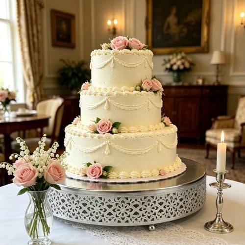 16 Inch Large Cake Silver tand, Hollow Floral Pattern Round Metal Dessert Stand, Elevated Display Tray for, alternate view 5
