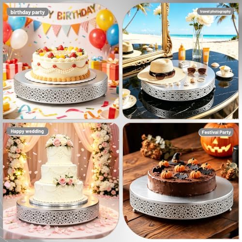 16 Inch Large Cake Silver tand, Hollow Floral Pattern Round Metal Dessert Stand, Elevated Display Tray for, alternate view 6