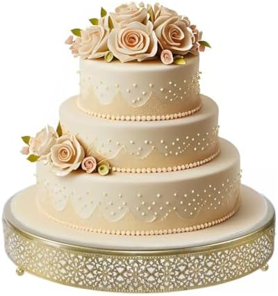 16 Inch Large Gold Cake Stand, Hollow Floral Pattern Round Metal Dessert Stand, Elevated Display Tray for