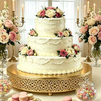 16 Inch Large Gold Cake Stand, Hollow Floral Pattern Round Metal Dessert Stand, Elevated Display Tray for, alternate view 2