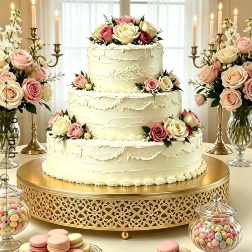 16 Inch Large Gold Cake Stand, Hollow Floral Pattern Round Metal Dessert Stand, Elevated Display Tray for, alternate view 2