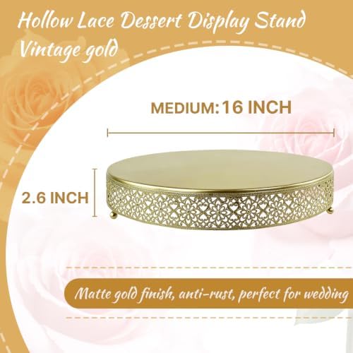 16 Inch Large Gold Cake Stand, Hollow Floral Pattern Round Metal Dessert Stand, Elevated Display Tray for, alternate view 3