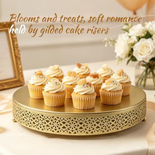 16 Inch Large Gold Cake Stand, Hollow Floral Pattern Round Metal Dessert Stand, Elevated Display Tray for, alternate view 4