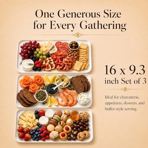 16 Inch Large Serving Platter Set of 3, White Porcelain Platters for Serving Food - Rectangular Serving Trays, alternate view