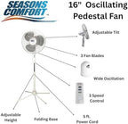 16 Inch Oscillating Pedestal Fan, White, 3 Speeds, Adjustable Height, Push Buttons, Quiet - Electric Cooling Fan, alternate