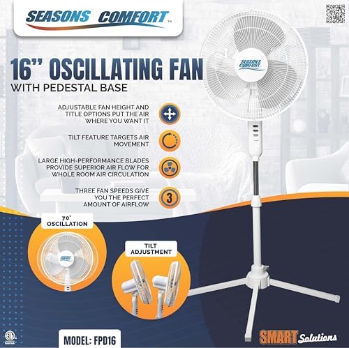 16 Inch Oscillating Pedestal Fan, White, 3 Speeds, Adjustable Height, Push Buttons, Quiet - Electric Cooling Fan, alternate
