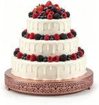 16 Inch Rose Gold Cake Stand, Round Metal Dessert Display with Ornate Filigree Lace, Dual‐Coated Premium Finish