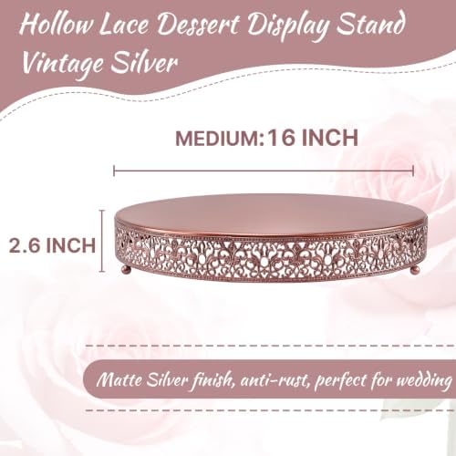 16 Inch Rose Gold Cake Stand, Round Metal Dessert Display with Ornate Filigree Lace, Dual‐Coated Premium Finish, alternate