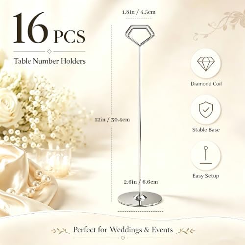 16 Pack 12 Inch Table Number Holders, Silver Diamond Place Card Holders, Steel Table Card Stands for Weddings, alternate view