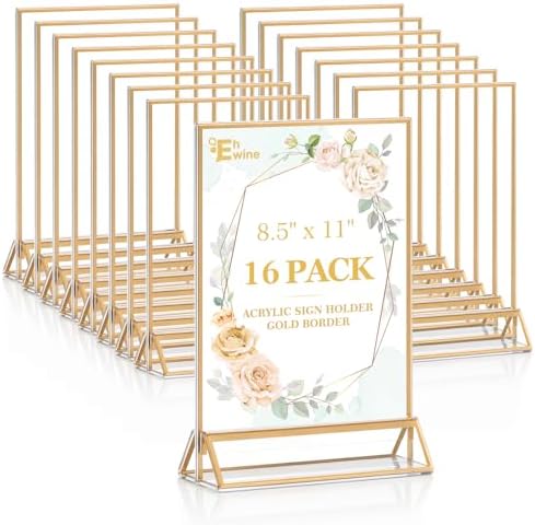 16 Pack Acrylic Sign Holder 8.5 x 11, Double Sided Gold Picture Frame Stand up Table Top Sign Holders, Clear