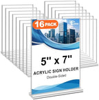 16 Pack Acrylic Sign Holders 5x7 Double-Sided Tabletop Display Stands for Menus Flyers & Signs, Clear Acrylic