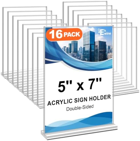 16 Pack Acrylic Sign Holders 5x7 Double-Sided Tabletop Display Stands for Menus Flyers & Signs, Clear Acrylic