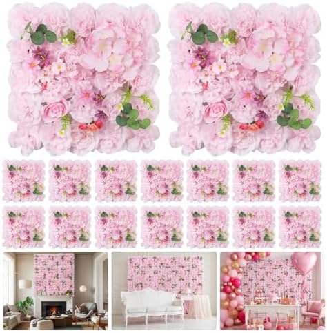 16-Pack Pink 3D Artificial Flower Wall Panels, Floral Backdrop